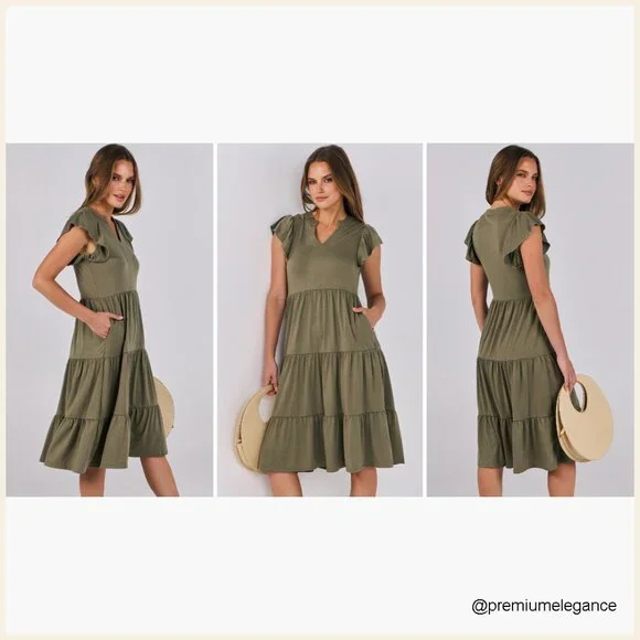 Ruffle Sleeve V-Neck Midi Dress, Flowy Tiered Boho Casual Sundress - Picture 7 of 7